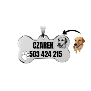 Adresówka dla psa z wizerunkiem psa z Twojego zdjęcia – stalowa kość z grawerem (5 cm x 3,5 cm) 🐾 -Obrys